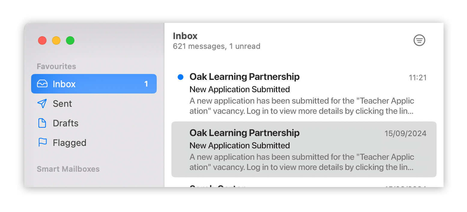 The image shows an part of an email client window. There is a notification for a new application submitted on the vacancies portal. This demonstrates the notification process