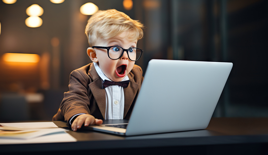 Is your school website working for you? Young child in a blazer, bow tie and glasses using a laptop