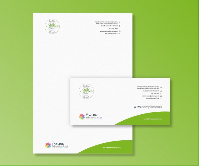 School stationary design including letterheads and compliment slips for Alder Brook primary school