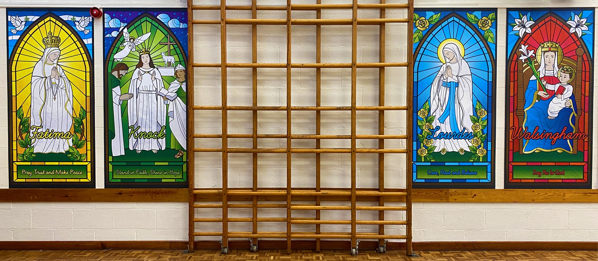 School hall wall graphics for St Mary's Catholic primary school in Swinton