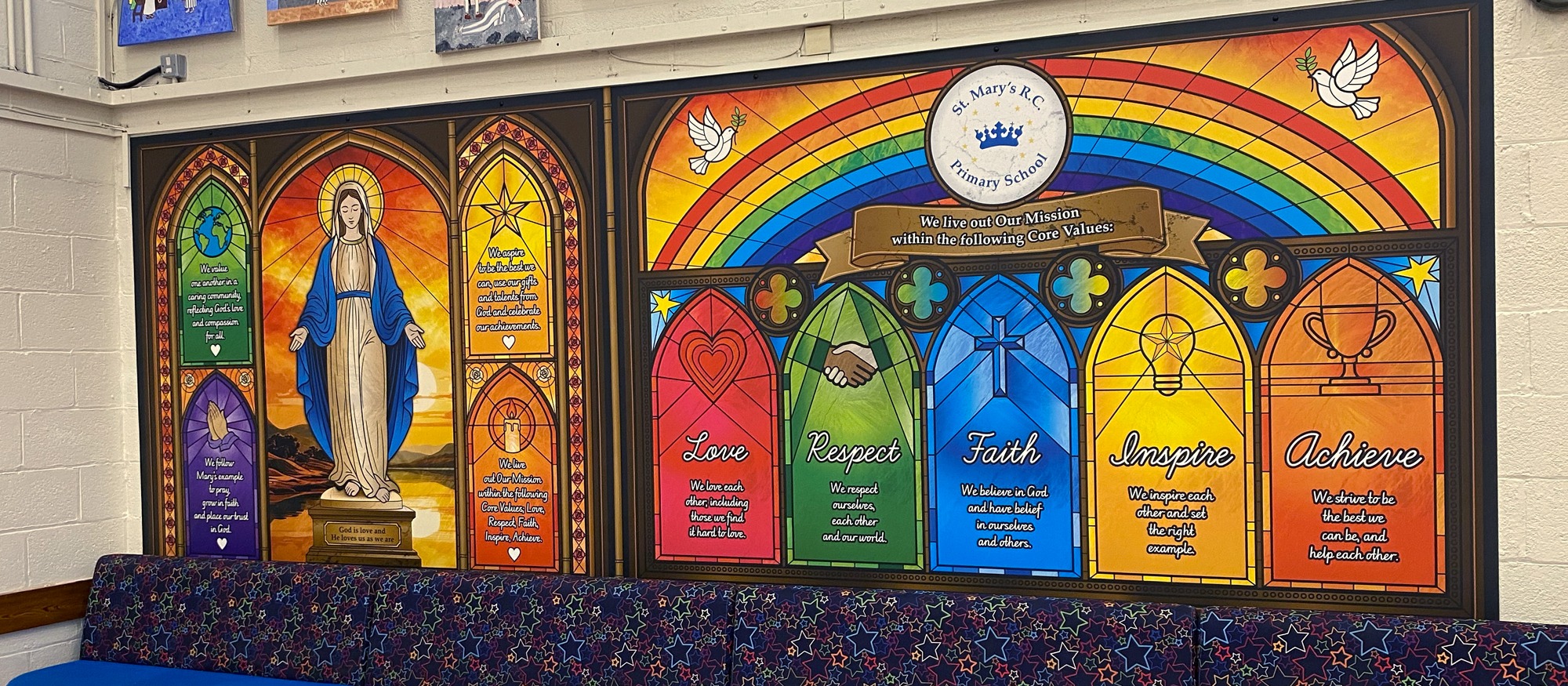 School hall wall graphics for St Mary's Catholic primary school in Swinton