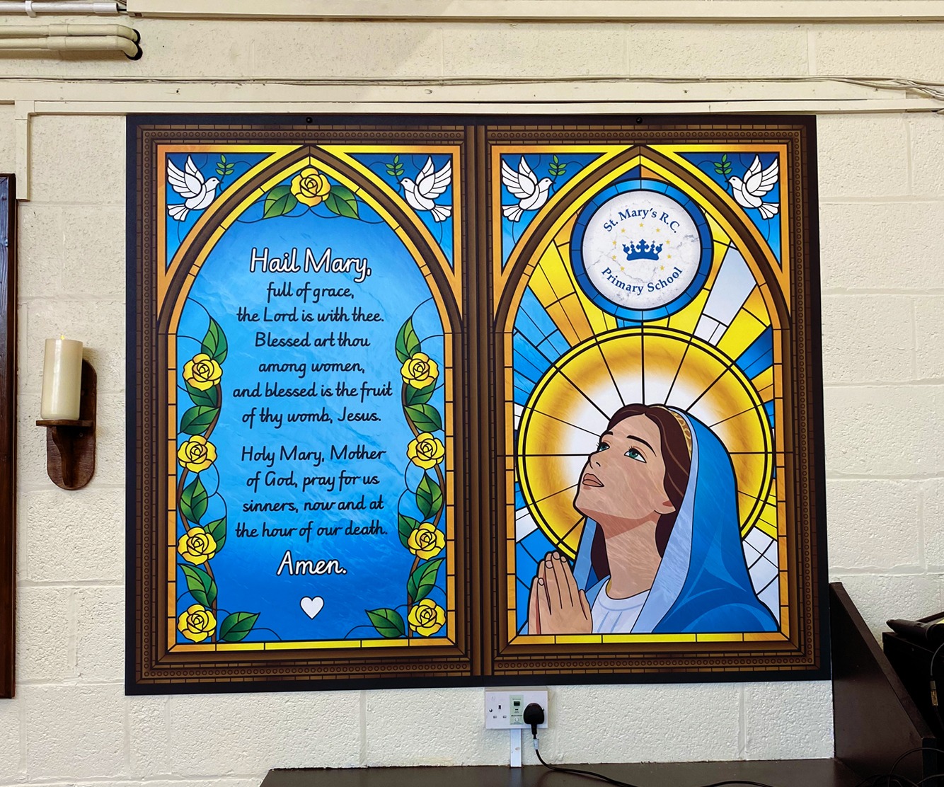 School hall wall graphics for St Mary's Catholic primary school in Swinton