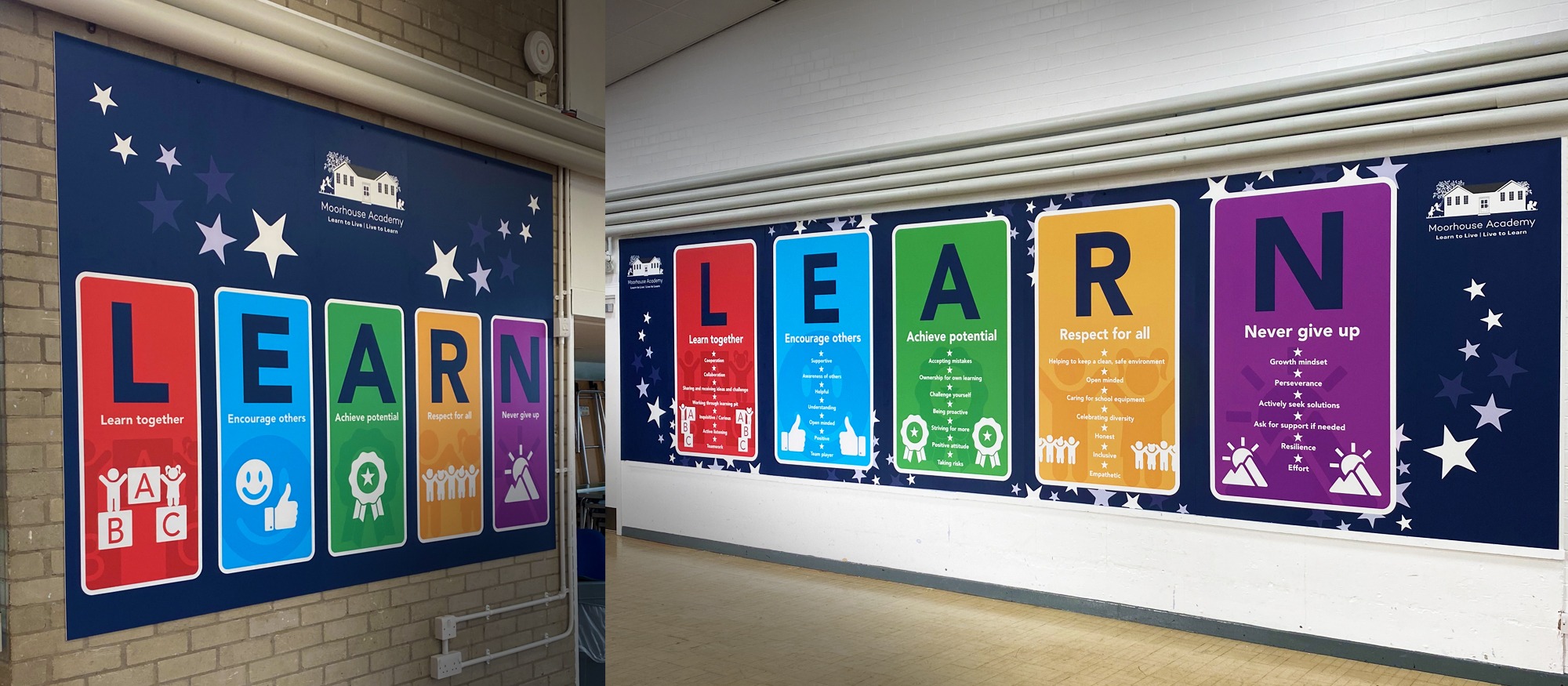 Key stage 1 and key stage 2 themed school wall graphics for Moorhouse Academy