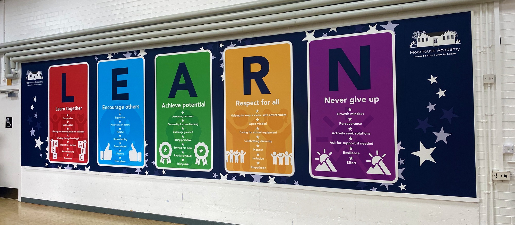 Bespoke school values wall graphics for Moorhouse Academy