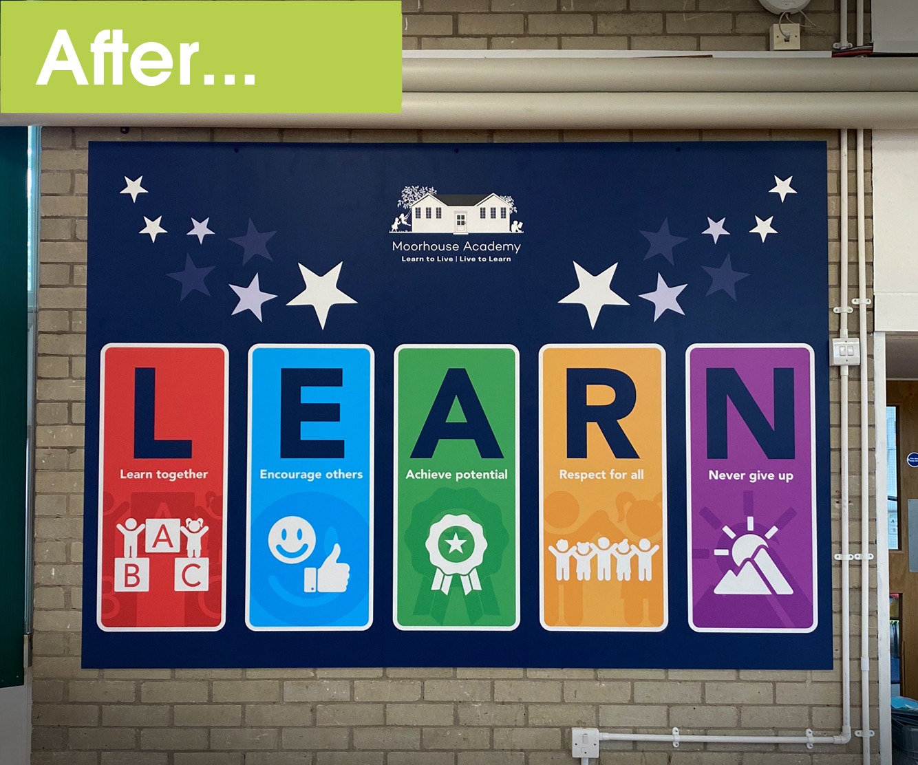 Bespoke school values wall graphics for Moorhouse Academy